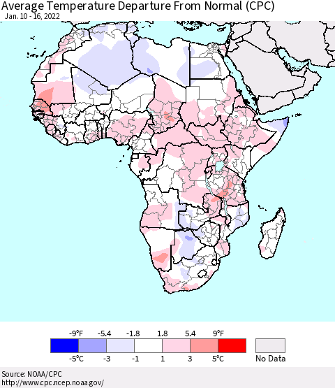 Africa Average Temperature Departure from Normal (CPC) Thematic Map For 1/10/2022 - 1/16/2022