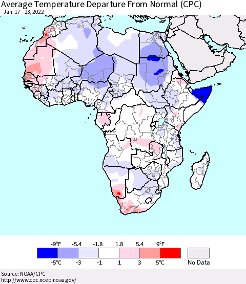 Africa Average Temperature Departure from Normal (CPC) Thematic Map For 1/17/2022 - 1/23/2022