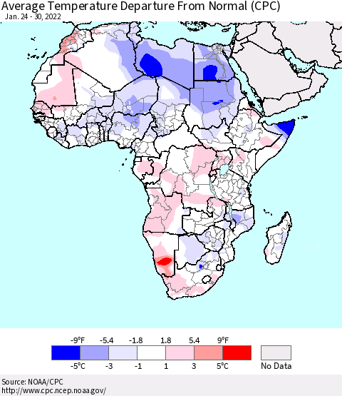 Africa Average Temperature Departure from Normal (CPC) Thematic Map For 1/24/2022 - 1/30/2022