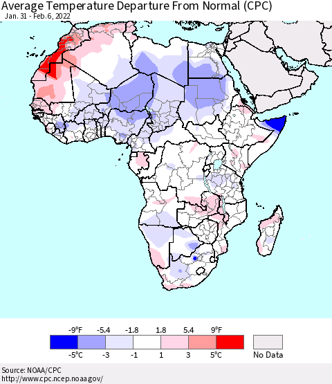 Africa Average Temperature Departure from Normal (CPC) Thematic Map For 1/31/2022 - 2/6/2022