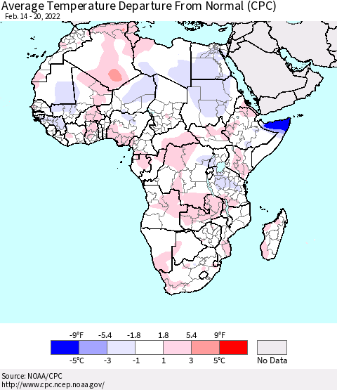 Africa Average Temperature Departure from Normal (CPC) Thematic Map For 2/14/2022 - 2/20/2022