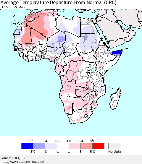 Africa Average Temperature Departure from Normal (CPC) Thematic Map For 2/21/2022 - 2/27/2022