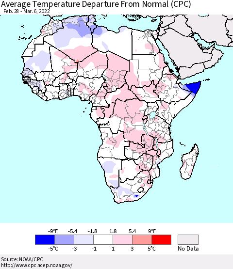 Africa Average Temperature Departure from Normal (CPC) Thematic Map For 2/28/2022 - 3/6/2022