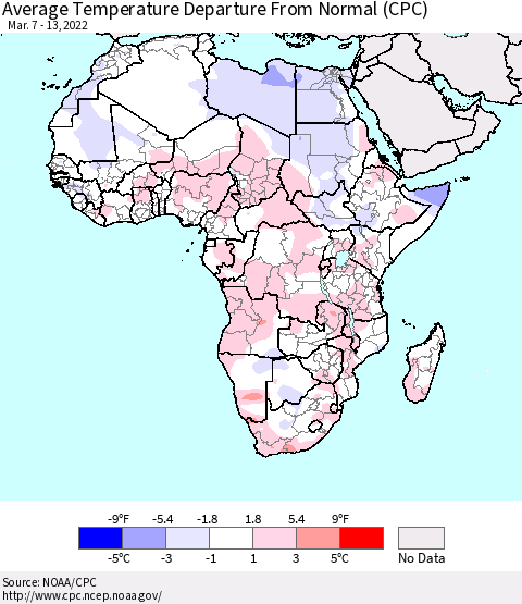 Africa Average Temperature Departure from Normal (CPC) Thematic Map For 3/7/2022 - 3/13/2022