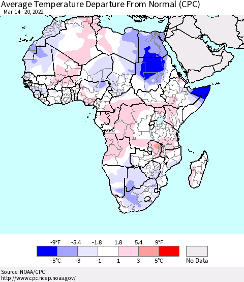 Africa Average Temperature Departure from Normal (CPC) Thematic Map For 3/14/2022 - 3/20/2022