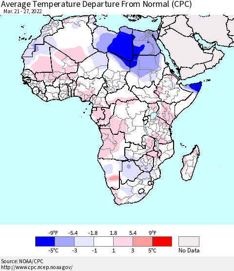 Africa Average Temperature Departure from Normal (CPC) Thematic Map For 3/21/2022 - 3/27/2022