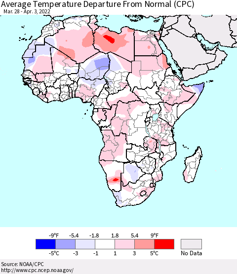 Africa Average Temperature Departure from Normal (CPC) Thematic Map For 3/28/2022 - 4/3/2022