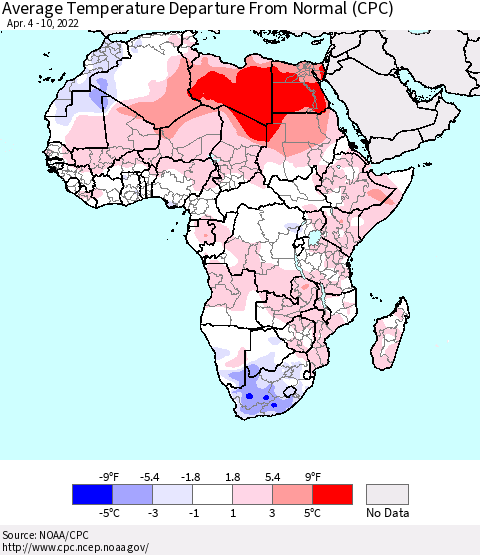 Africa Average Temperature Departure from Normal (CPC) Thematic Map For 4/4/2022 - 4/10/2022