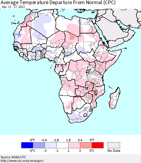 Africa Average Temperature Departure from Normal (CPC) Thematic Map For 4/11/2022 - 4/17/2022