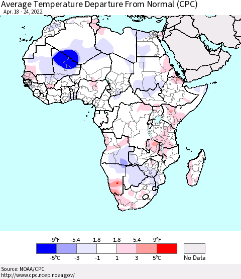 Africa Average Temperature Departure from Normal (CPC) Thematic Map For 4/18/2022 - 4/24/2022