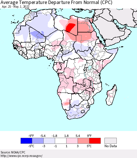 Africa Average Temperature Departure from Normal (CPC) Thematic Map For 4/25/2022 - 5/1/2022