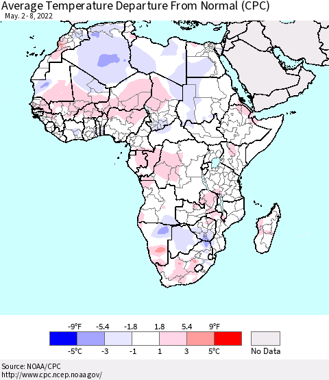 Africa Average Temperature Departure From Normal (CPC) Thematic Map For 5/2/2022 - 5/8/2022