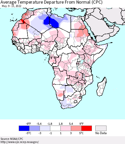 Africa Average Temperature Departure from Normal (CPC) Thematic Map For 5/9/2022 - 5/15/2022