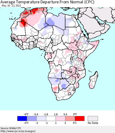 Africa Average Temperature Departure from Normal (CPC) Thematic Map For 5/16/2022 - 5/22/2022