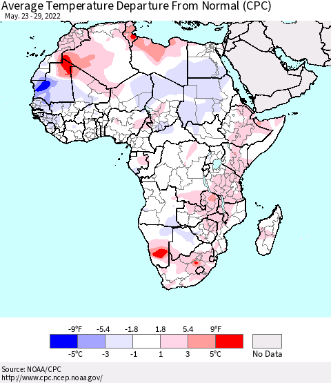 Africa Average Temperature Departure from Normal (CPC) Thematic Map For 5/23/2022 - 5/29/2022