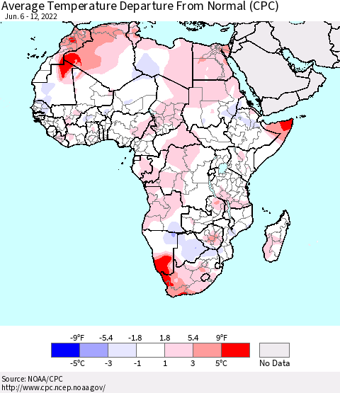 Africa Average Temperature Departure from Normal (CPC) Thematic Map For 6/6/2022 - 6/12/2022