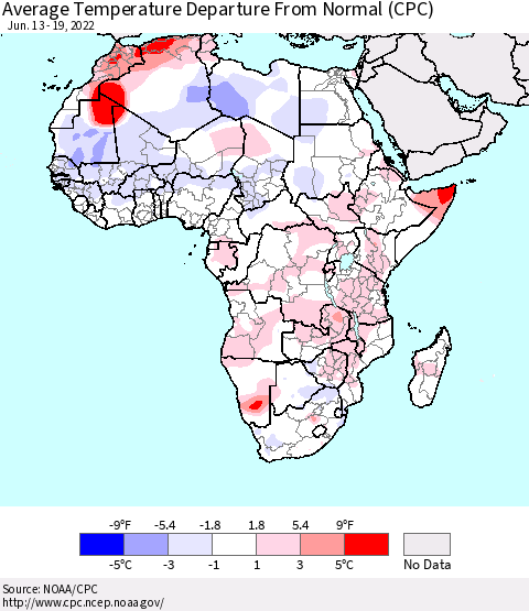 Africa Average Temperature Departure from Normal (CPC) Thematic Map For 6/13/2022 - 6/19/2022