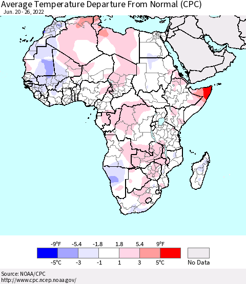 Africa Average Temperature Departure From Normal (CPC) Thematic Map For 6/20/2022 - 6/26/2022
