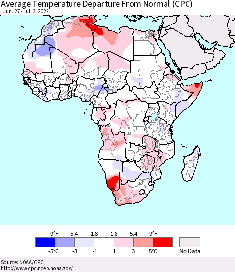 Africa Average Temperature Departure from Normal (CPC) Thematic Map For 6/27/2022 - 7/3/2022