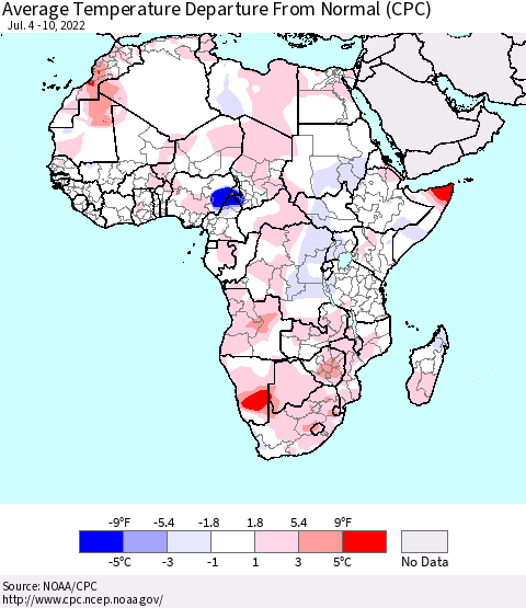 Africa Average Temperature Departure from Normal (CPC) Thematic Map For 7/4/2022 - 7/10/2022
