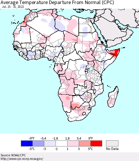 Africa Average Temperature Departure from Normal (CPC) Thematic Map For 7/25/2022 - 7/31/2022