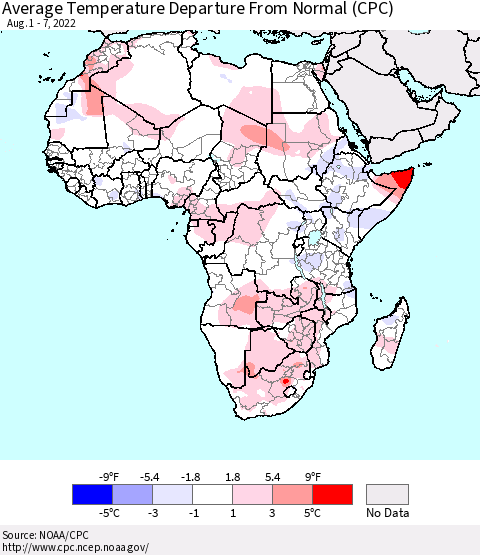 Africa Average Temperature Departure from Normal (CPC) Thematic Map For 8/1/2022 - 8/7/2022