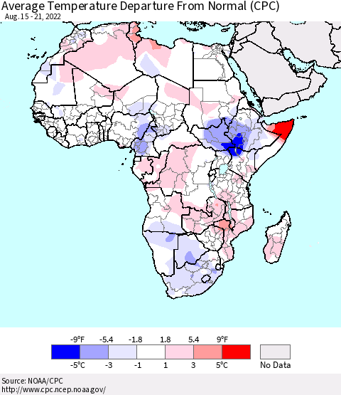 Africa Average Temperature Departure from Normal (CPC) Thematic Map For 8/15/2022 - 8/21/2022