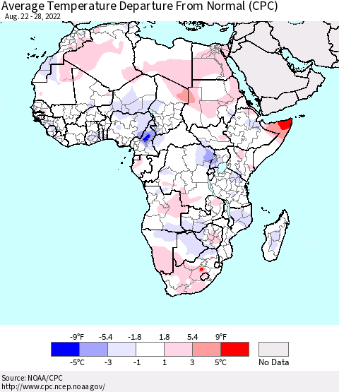 Africa Average Temperature Departure From Normal (CPC) Thematic Map For 8/22/2022 - 8/28/2022