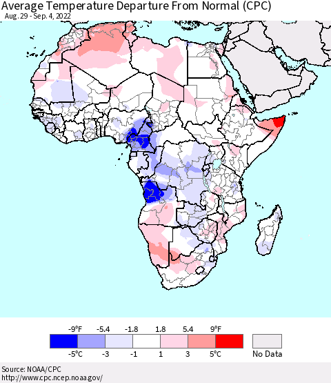 Africa Average Temperature Departure from Normal (CPC) Thematic Map For 8/29/2022 - 9/4/2022