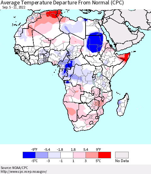 Africa Average Temperature Departure From Normal (CPC) Thematic Map For 9/5/2022 - 9/11/2022