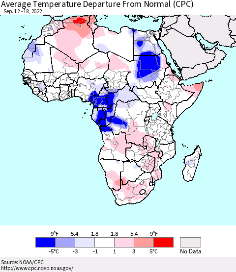 Africa Average Temperature Departure from Normal (CPC) Thematic Map For 9/12/2022 - 9/18/2022
