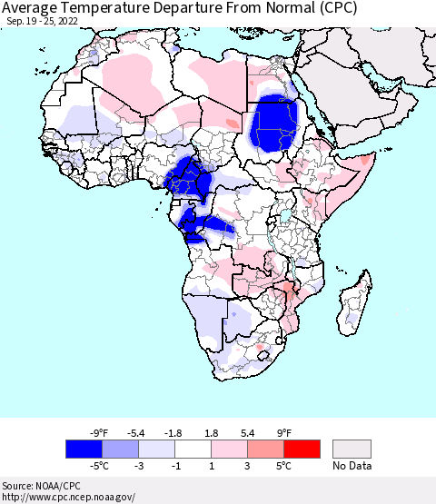 Africa Average Temperature Departure from Normal (CPC) Thematic Map For 9/19/2022 - 9/25/2022