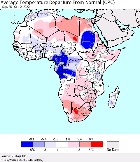 Africa Average Temperature Departure from Normal (CPC) Thematic Map For 9/26/2022 - 10/2/2022
