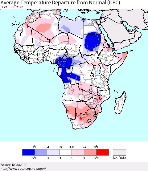 Africa Average Temperature Departure from Normal (CPC) Thematic Map For 10/3/2022 - 10/9/2022