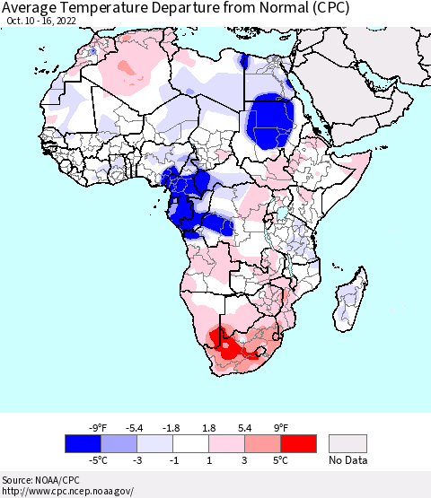 Africa Average Temperature Departure from Normal (CPC) Thematic Map For 10/10/2022 - 10/16/2022