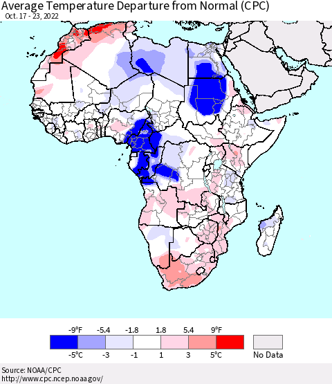 Africa Average Temperature Departure from Normal (CPC) Thematic Map For 10/17/2022 - 10/23/2022