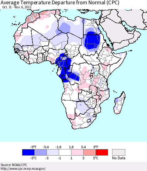 Africa Average Temperature Departure from Normal (CPC) Thematic Map For 10/31/2022 - 11/6/2022