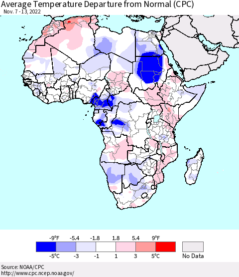 Africa Average Temperature Departure from Normal (CPC) Thematic Map For 11/7/2022 - 11/13/2022