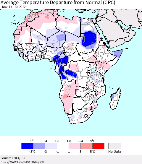Africa Average Temperature Departure from Normal (CPC) Thematic Map For 11/14/2022 - 11/20/2022
