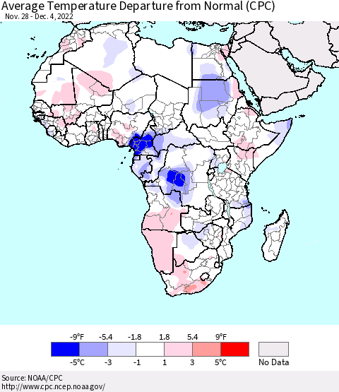 Africa Average Temperature Departure from Normal (CPC) Thematic Map For 11/28/2022 - 12/4/2022