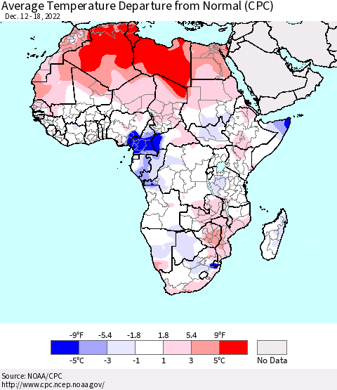 Africa Average Temperature Departure from Normal (CPC) Thematic Map For 12/12/2022 - 12/18/2022