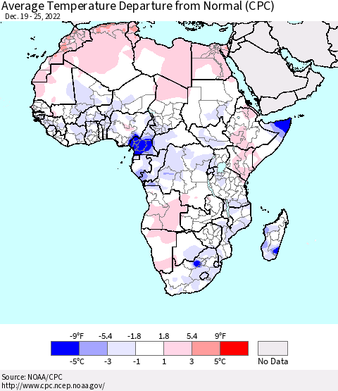 Africa Average Temperature Departure from Normal (CPC) Thematic Map For 12/19/2022 - 12/25/2022