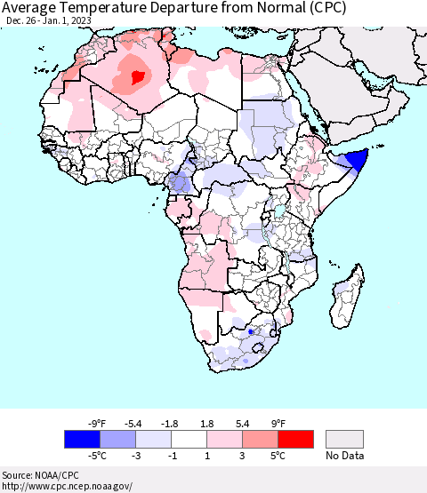 Africa Average Temperature Departure from Normal (CPC) Thematic Map For 12/26/2022 - 1/1/2023