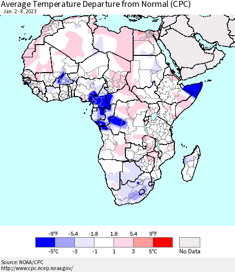 Africa Average Temperature Departure from Normal (CPC) Thematic Map For 1/2/2023 - 1/8/2023