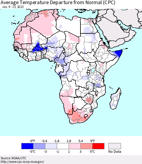 Africa Average Temperature Departure from Normal (CPC) Thematic Map For 1/9/2023 - 1/15/2023