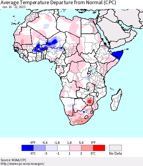 Africa Average Temperature Departure from Normal (CPC) Thematic Map For 1/16/2023 - 1/22/2023