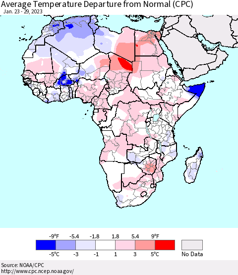 Africa Average Temperature Departure from Normal (CPC) Thematic Map For 1/23/2023 - 1/29/2023