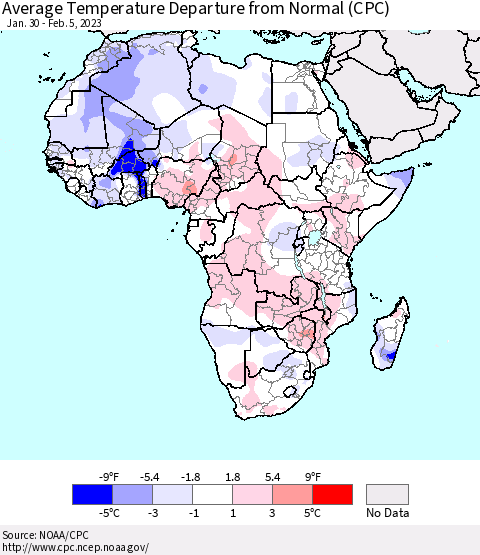 Africa Average Temperature Departure from Normal (CPC) Thematic Map For 1/30/2023 - 2/5/2023