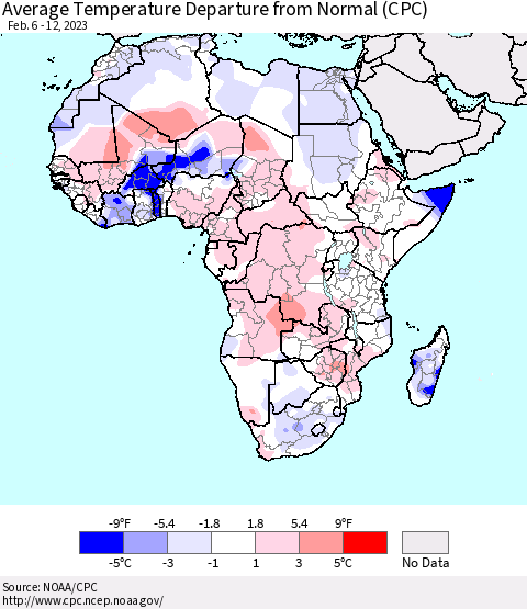 Africa Average Temperature Departure from Normal (CPC) Thematic Map For 2/6/2023 - 2/12/2023