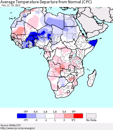 Africa Average Temperature Departure from Normal (CPC) Thematic Map For 2/13/2023 - 2/19/2023